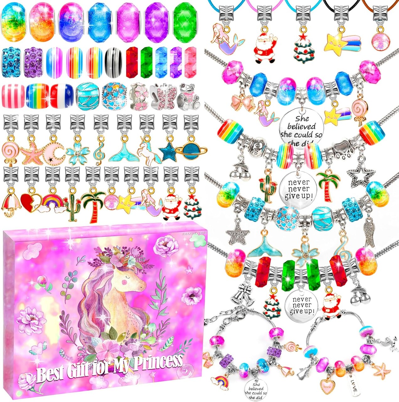 TIME 130-Piece Charm Bracelet Making Kit – DIY Jewelry Craft Set for Girls Ages 5–12 | Beads, Pendants & Adjustable Silver Chains | Birthday & Holiday Gift